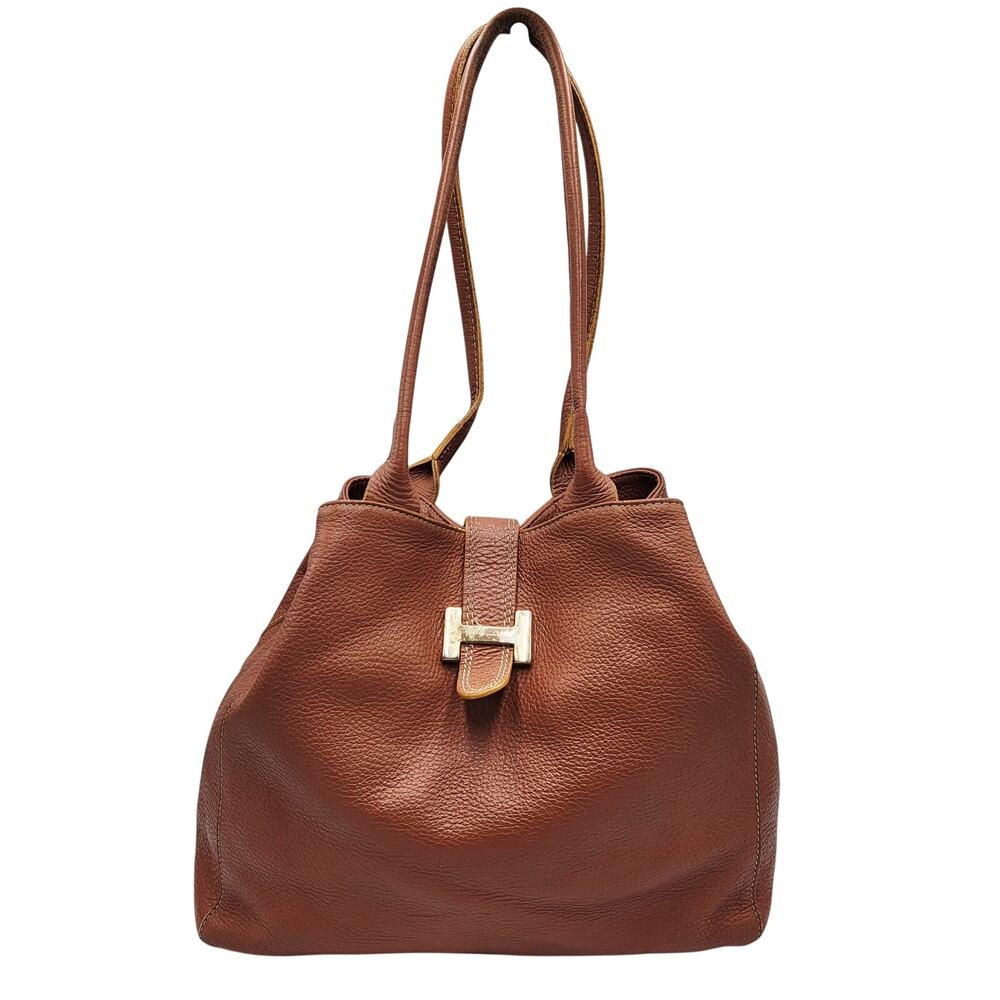 Peruzzi Brown Pebbled Leather Hobo Shoulder Bag Slouchy Gold-tone "H" Hardware